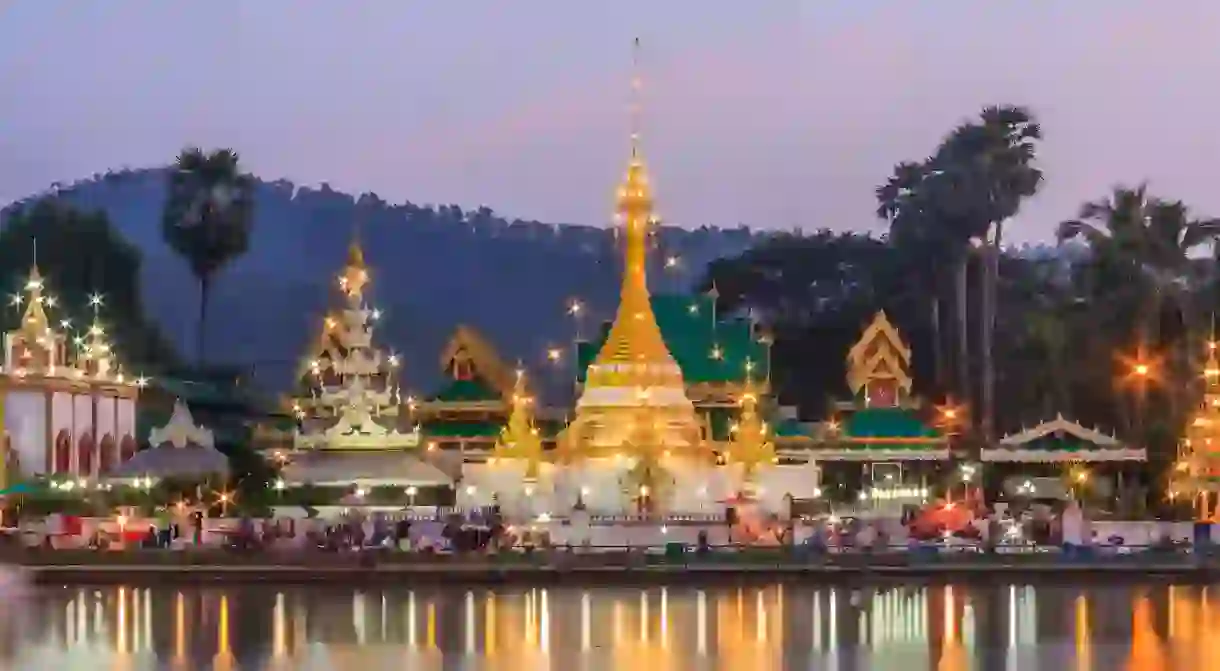 Wat Chong Khlang illuminated at dusk in Mae Hong Son