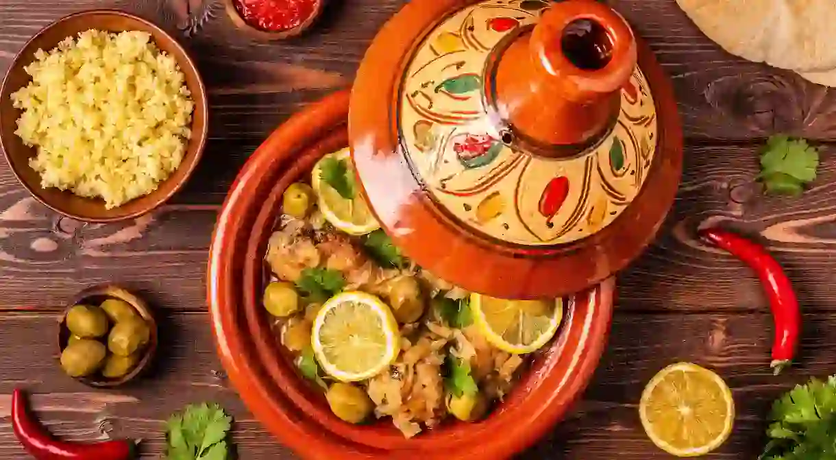 A traditional Moroccan tajine of chicken with salted lemons and olives