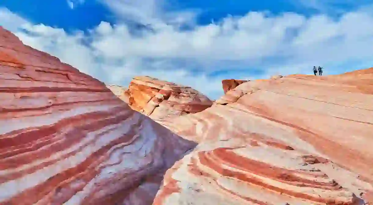 Stripy red and cream Aztec sandstone formations make up much of the Valley of Fire’s 46,000 acres