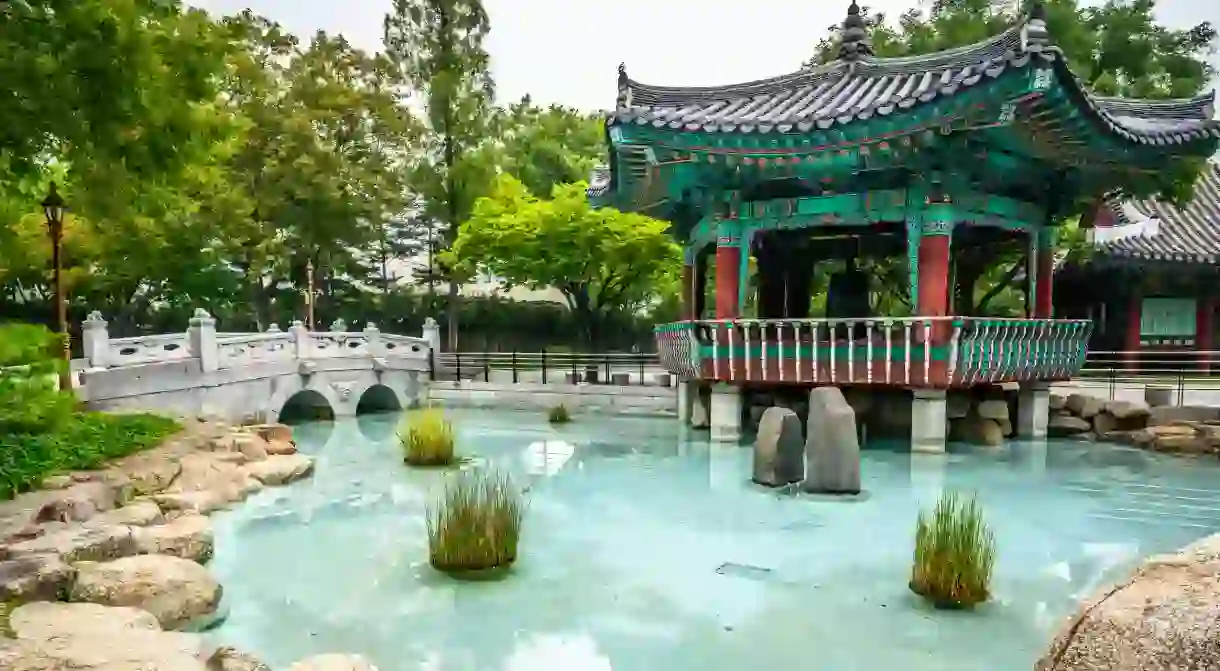 Tranquil ponds and intricate pavilions litter Gyeongsanggamyeong park in central Daegu