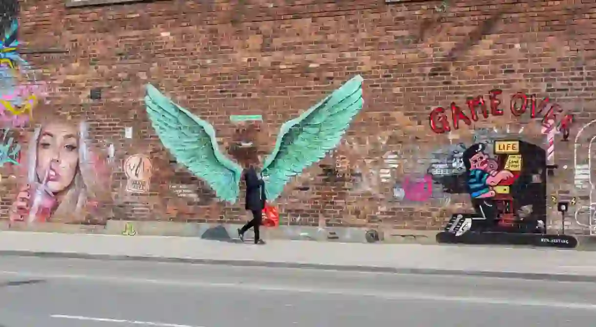 2BD2GHH 2BD2GHH Liver Bird wings by Paul Curtis, street art in the Baltic Triangle, Jamaica street, Liverpool