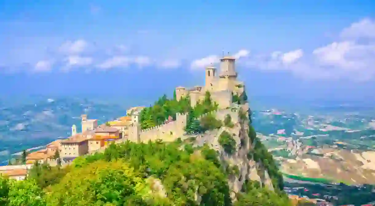 The Guaita fortress stands tall on Monte Titano, overlooking the city of San Marino