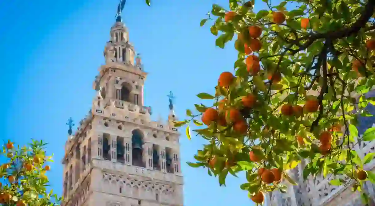 The bell tower of the Cathedral of Santa Maria de la Sede represents Sevilles unique blend of cultures