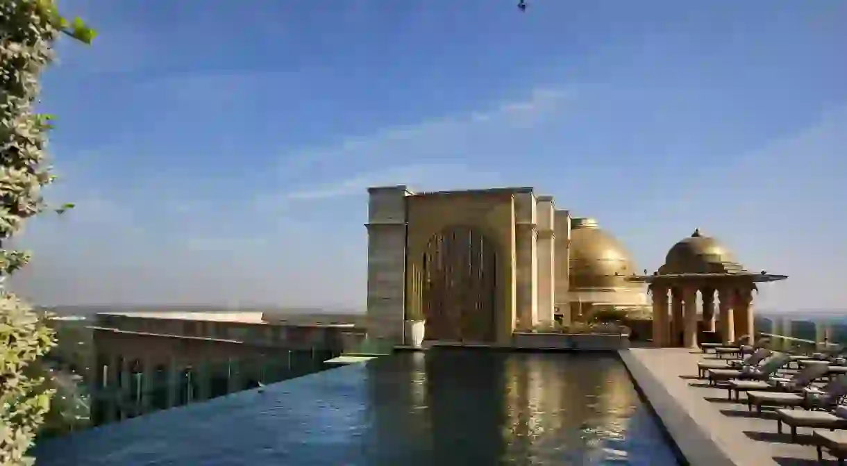 The rooftop pool at the Leela Palace is just a taste of the beautiful designs inside