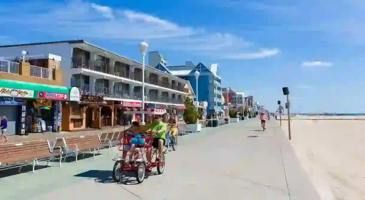 The long stretch of boardwalk at Ocean City, Maryland, is home to shops, arcades, amusement parks and museums