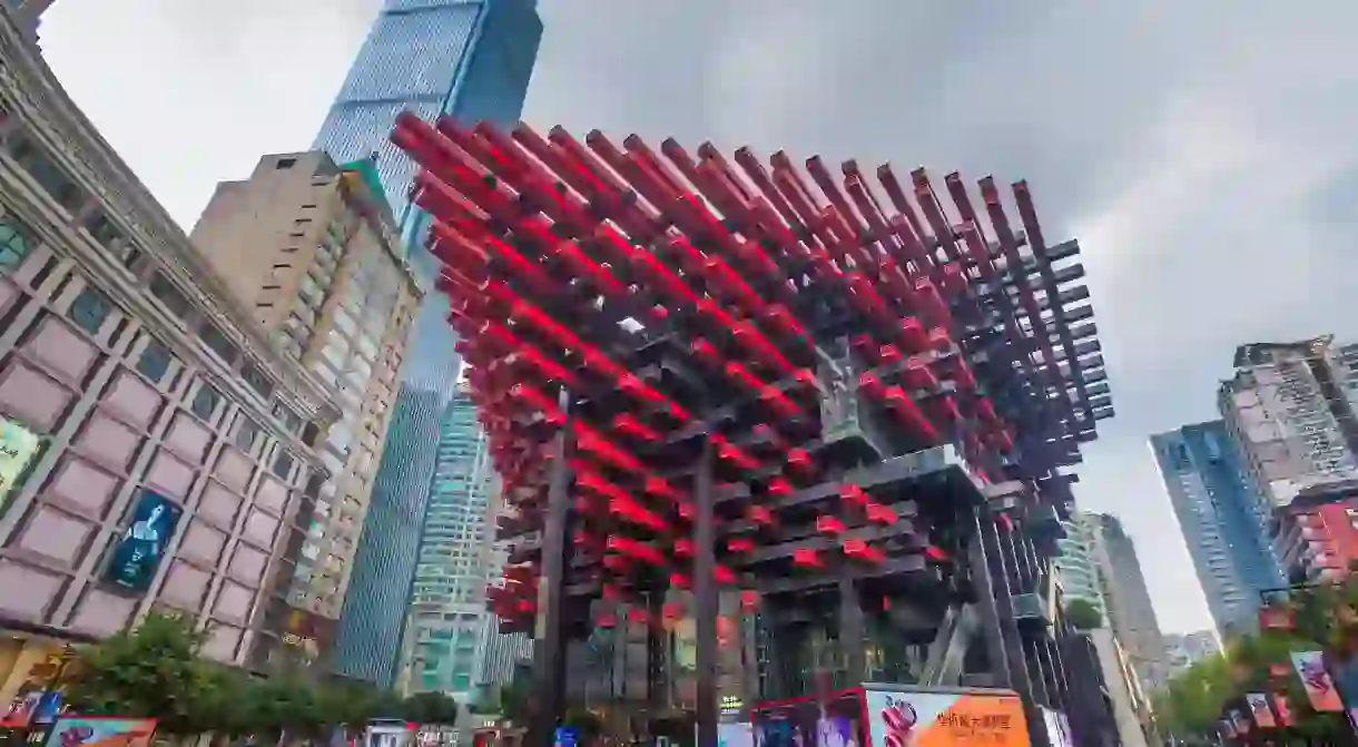 The Guotai Grand Theater & Art Museum dominates Jiefangbei District in central Chongqing