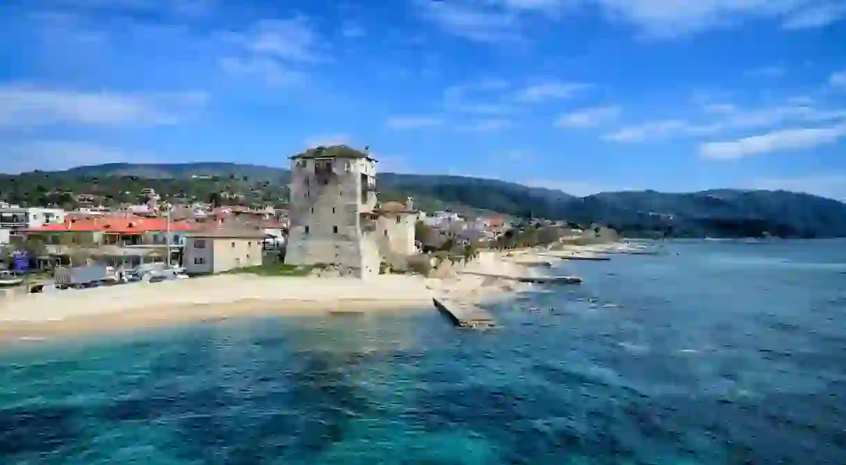 The ancient Ouranoupolis Tower on the Athos peninsula in Halkidiki, Greece