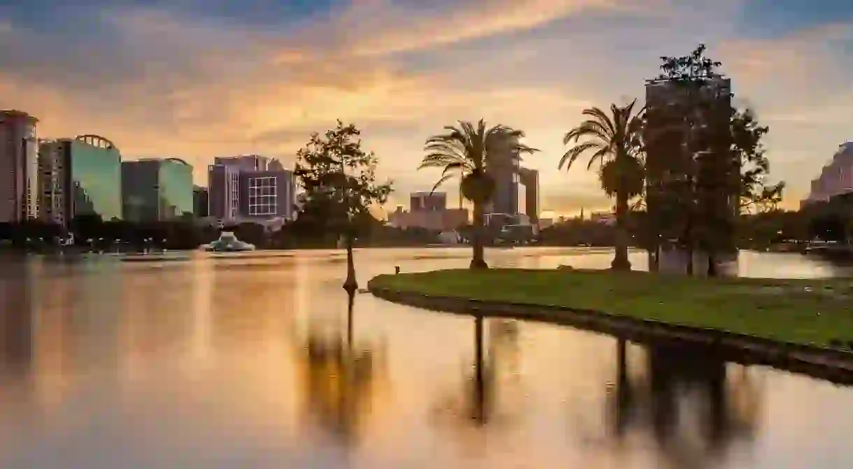 Downtown Orlando as seen from Lake Eola Park at sunset