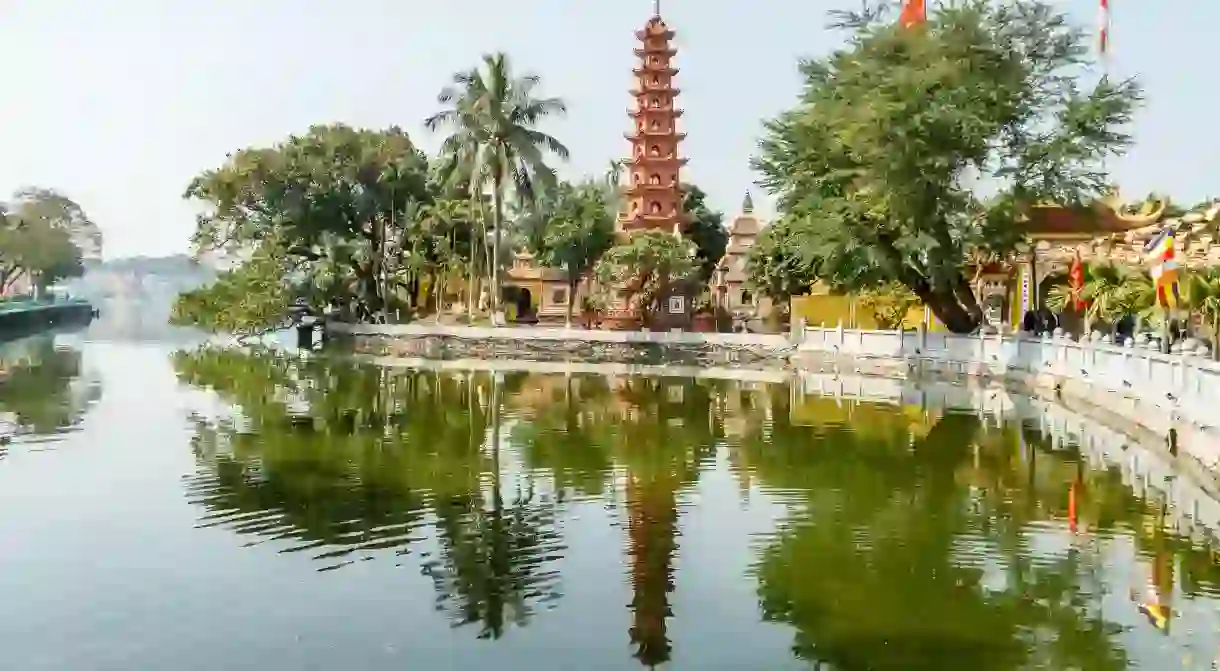 Tran Quoc Pagoda, the oldest Buddhist pagoda in Hanoi, sits on the shores of West Lake