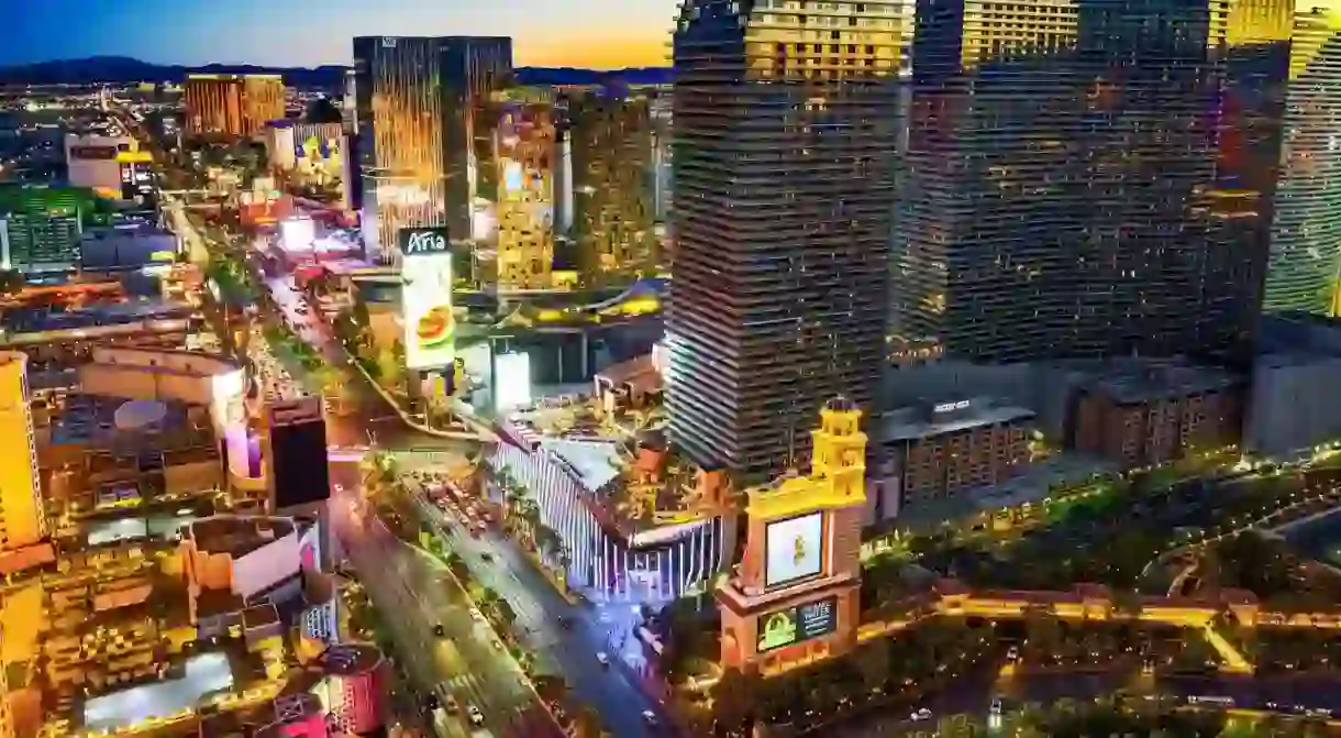 The Las Vegas Strip features gambling floors, shops, restaurants and performance venues within its larger-than-life resort hotels