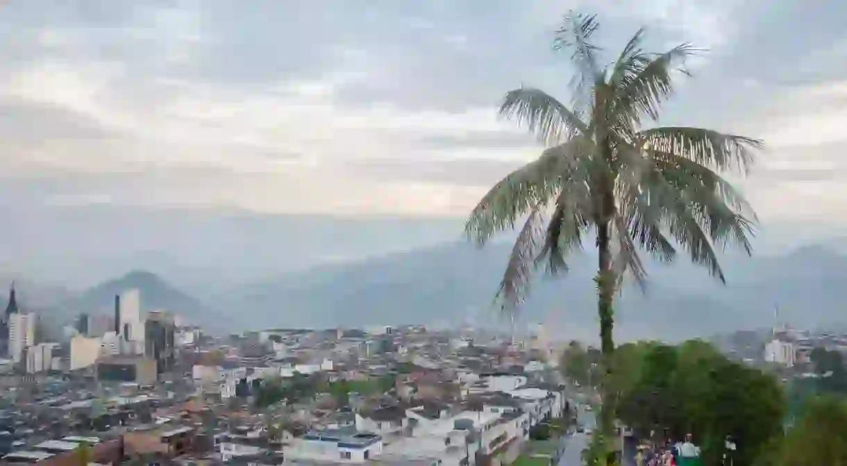 2AAGHT2 Aerial view of Manizales, Colombia, with a palm tree