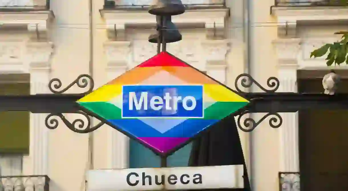 The Chueca station incorporates a rainbow flag in its Madrid Metro logo to demonstrate the citys support of the LGTBQ community