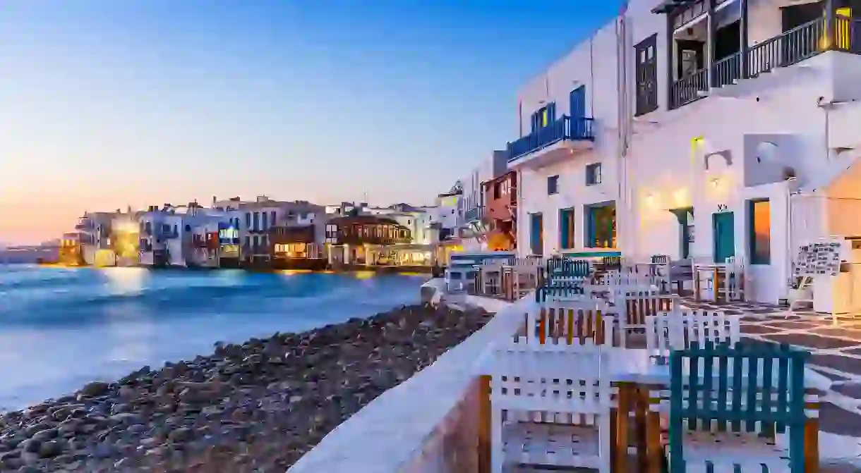 The waterfront in Little Venice is a popular spot for romantic dinners on Mykonos