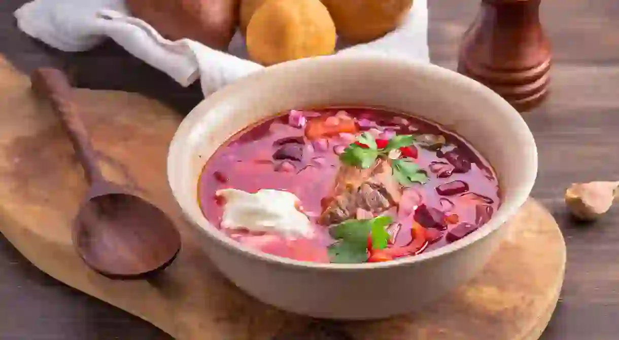 Borscht on wooden platter