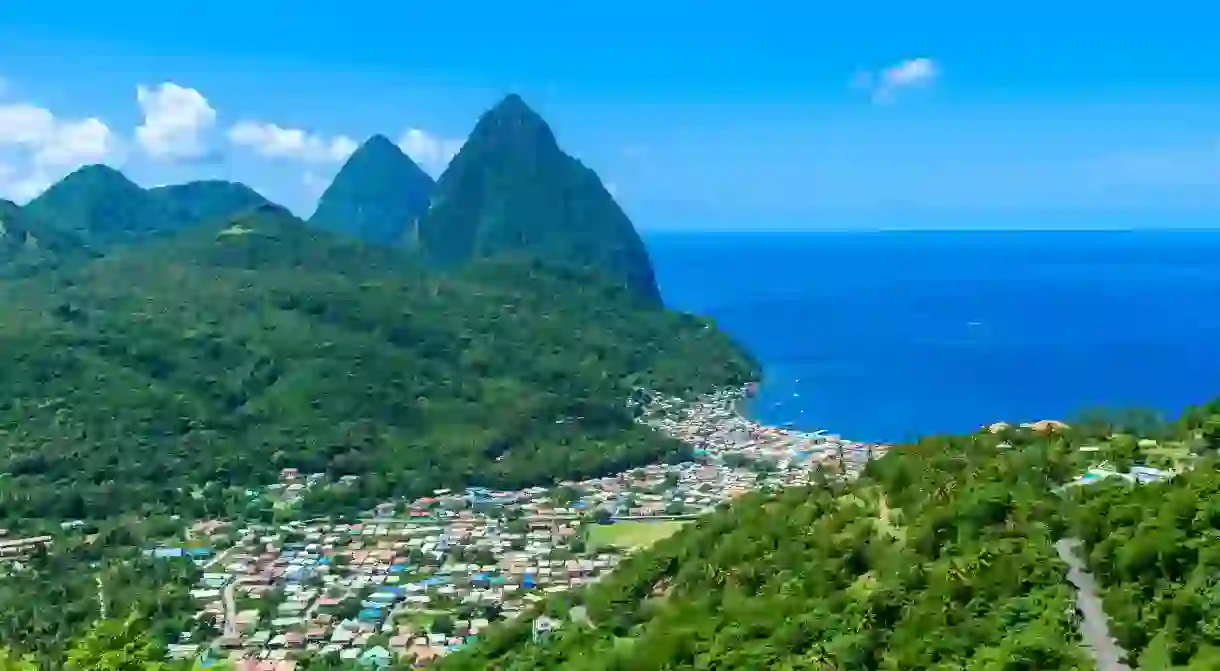 Gros and Petit Pitons near the village of Soufriere on St Lucia