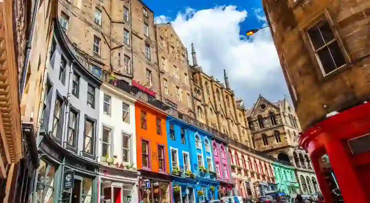 The colourful Victoria Street cant be missed on a wander through Edinburgh