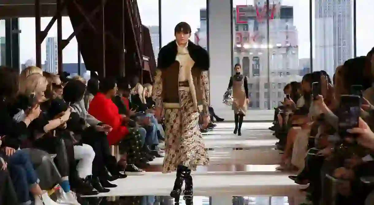 A model presents a creation from the Longchamp collection during New York Fashion Week in the Manhattan