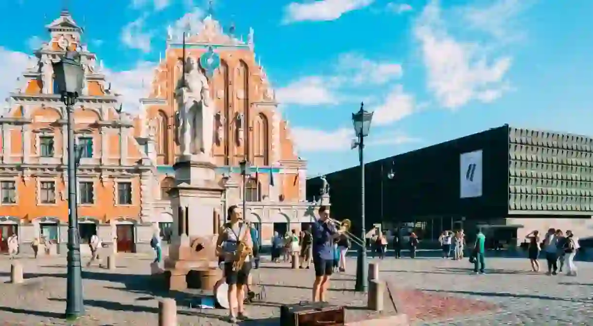 If youre lucky, youll get to see musicians perform on the Town Hall Square in Riga, Latvia