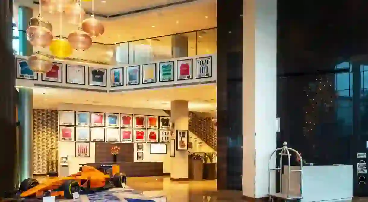 Sports memorabilia adorns the lobby at the Hilton near Wembley Stadium