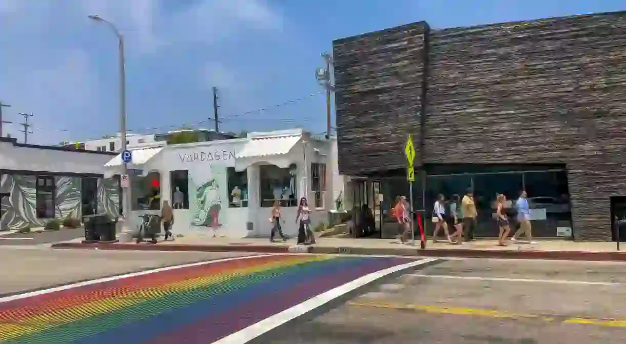 The first rainbow crosswalk in the City of Los Angeles spans Abbot Kinney Boulevard