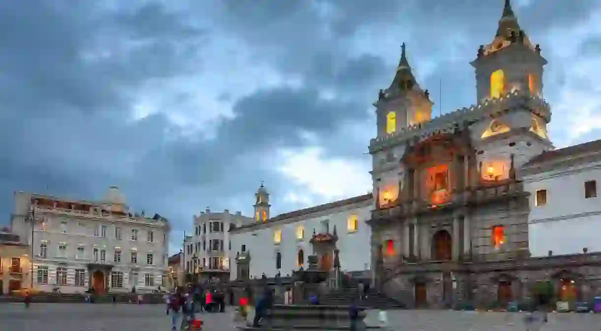 Twilight in Plaza de San Francisco, home to San Francisco Church and Convent and Palacio Gangotena