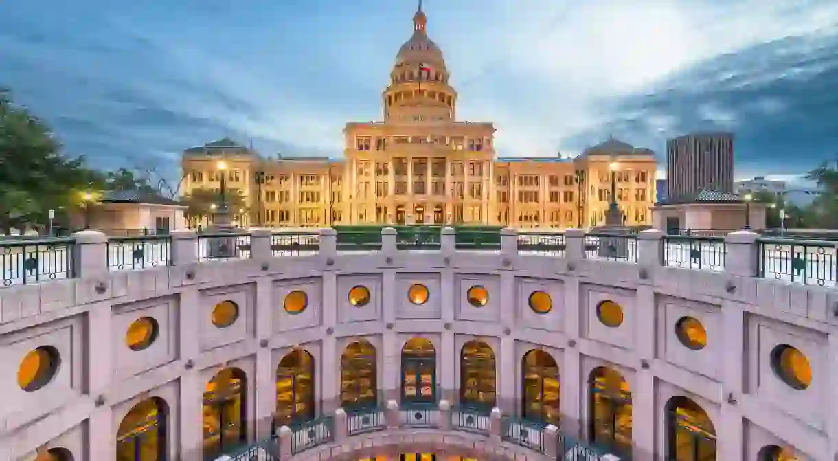 Stay at a cabin within easy distance of Austin and the Texas State Capitol building