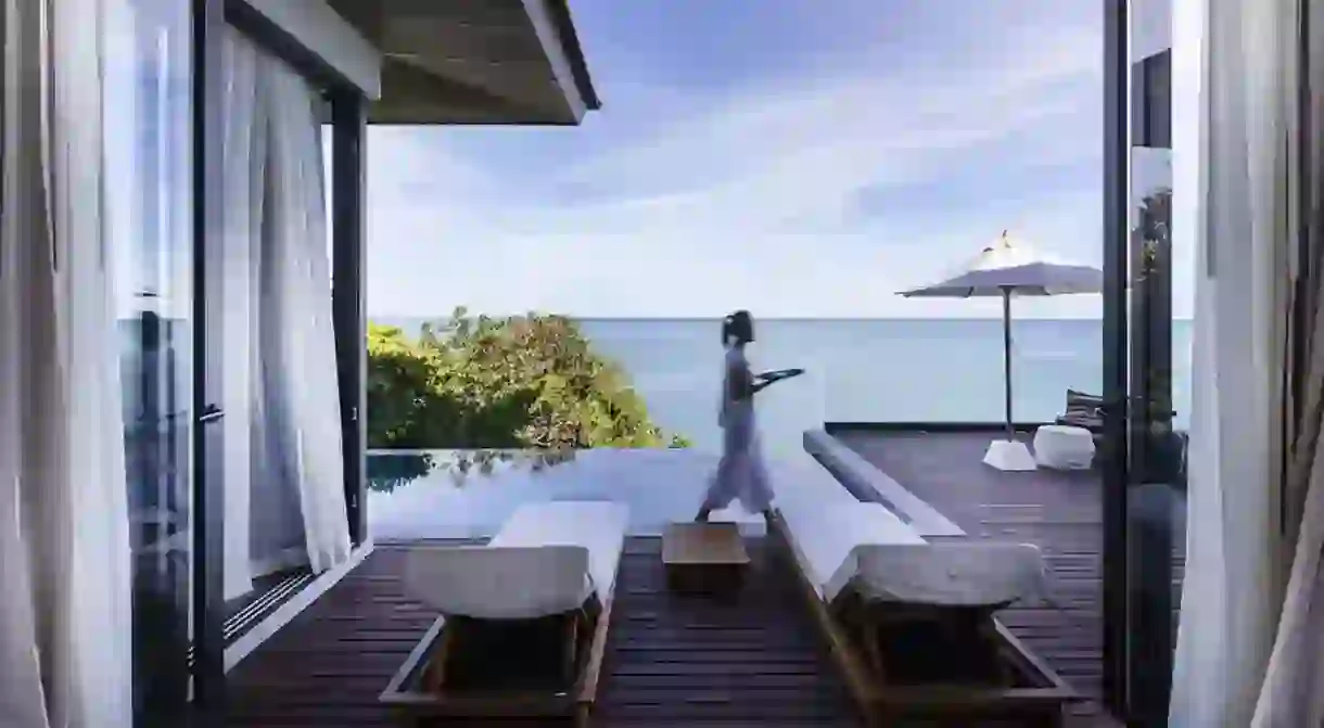 Enjoy ocean views from your rooms at the Cape Fahn on a private island off Koh Samui