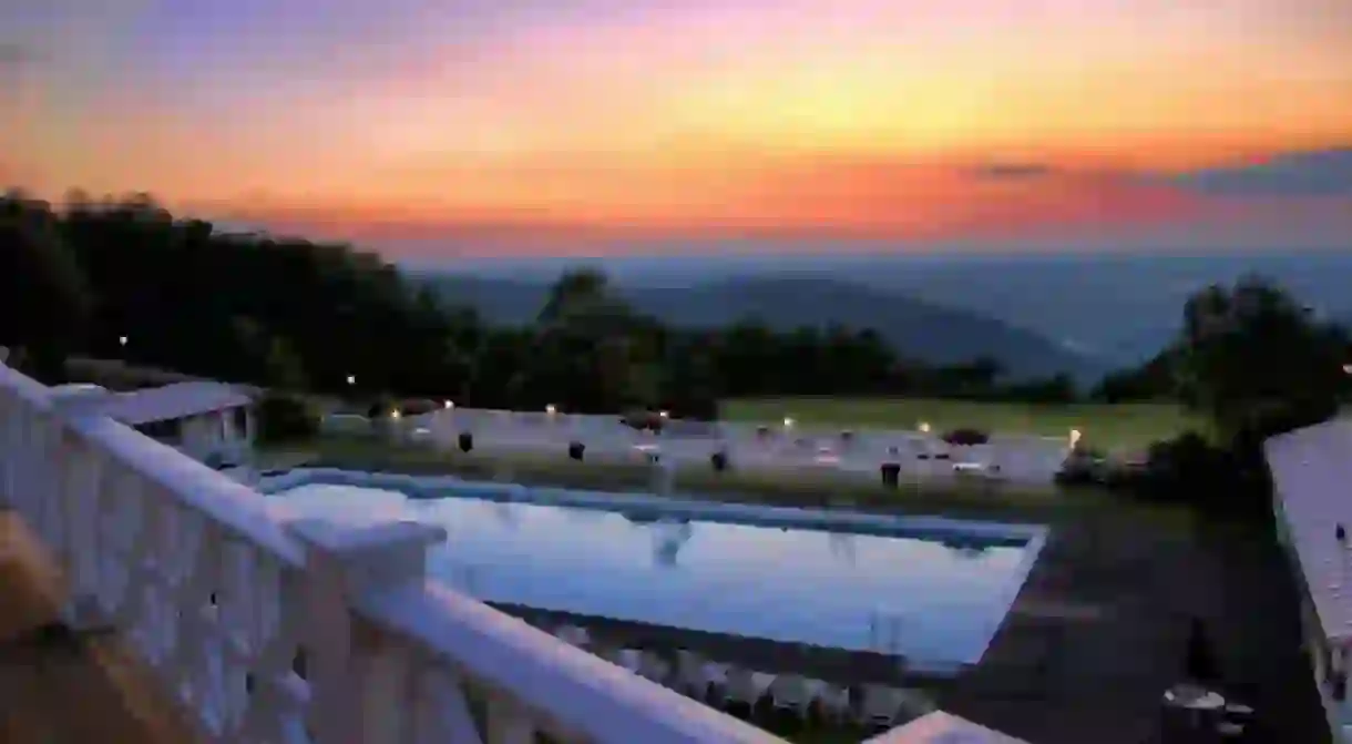 Enjoy sunset views from the pool at the Historic Summit Inn in Farmington