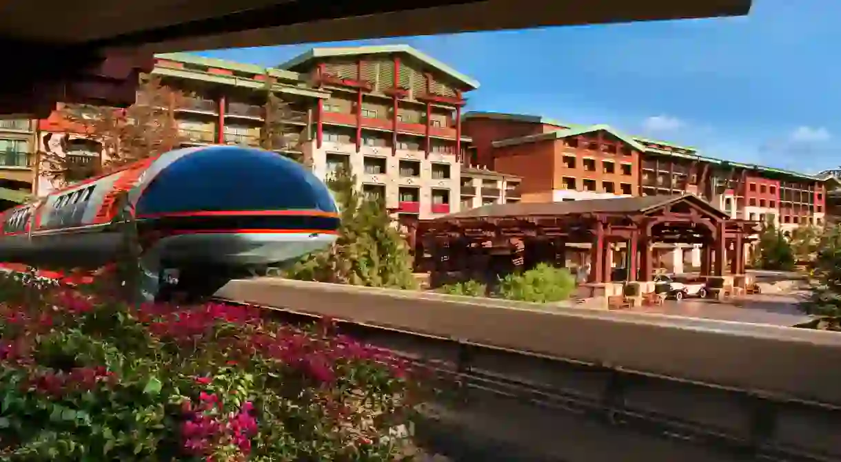 The Disneyland Monorail zooms past the Disney Grand Californian Hotel & Spa in Anaheim