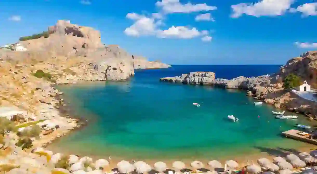 Beautiful cove at St Pauls Bay Lindos Rhodes Greece Europe