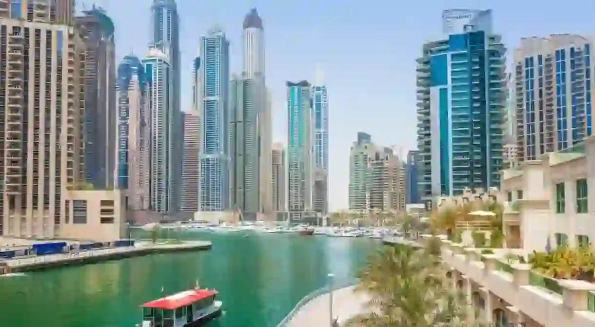 Dubai Marina Skyline and harbour with water taxi Dubai City United Arab Emirates UAE Middle east