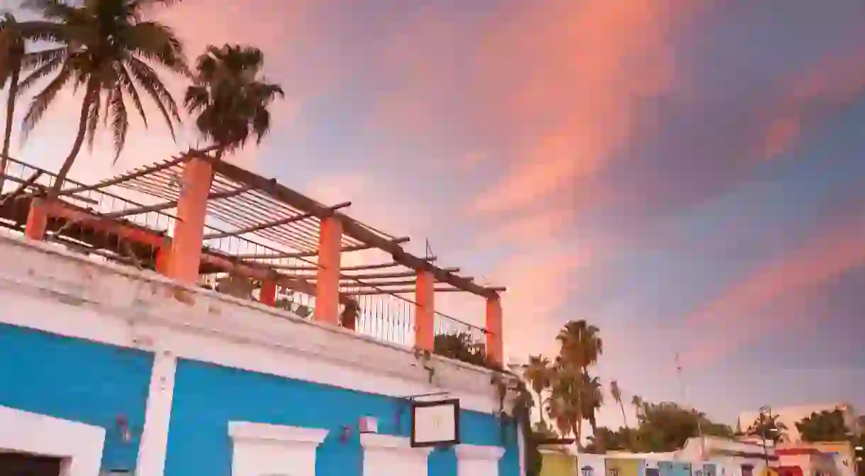 Coloured houses in a stunning golden hours time at the beach. San Jose del Cabo, Baja California Sur. Mexico