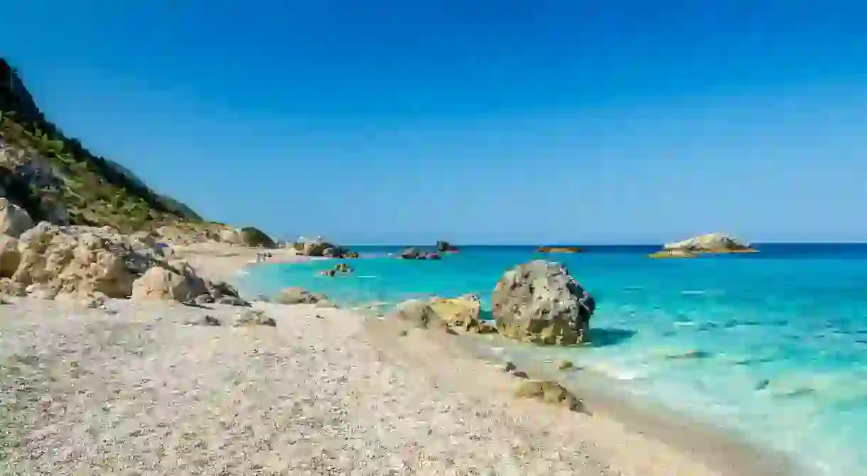 Kathisma Beach, near Agios Nikitas in the north of the island, is a long, sandy stunner