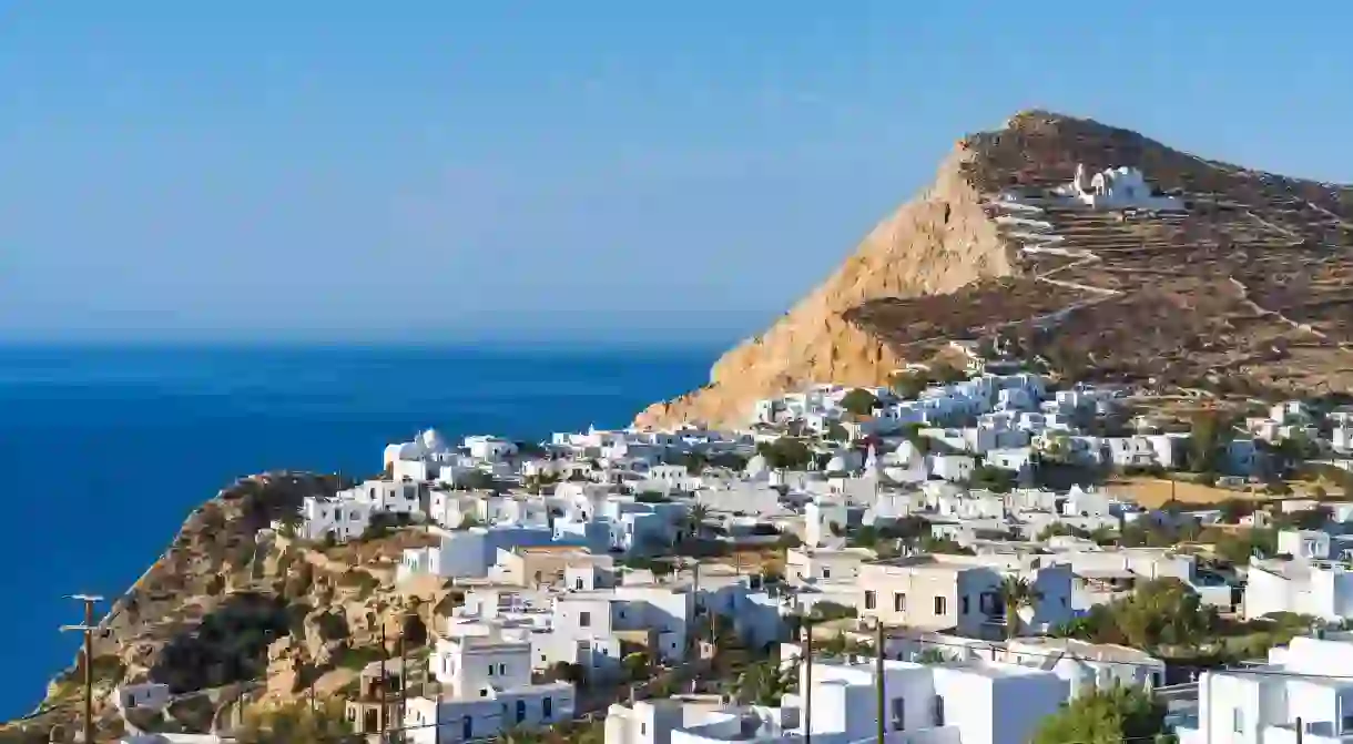 Take a winding road that zigzags up a hill to reach the white-domed Church of Panagia