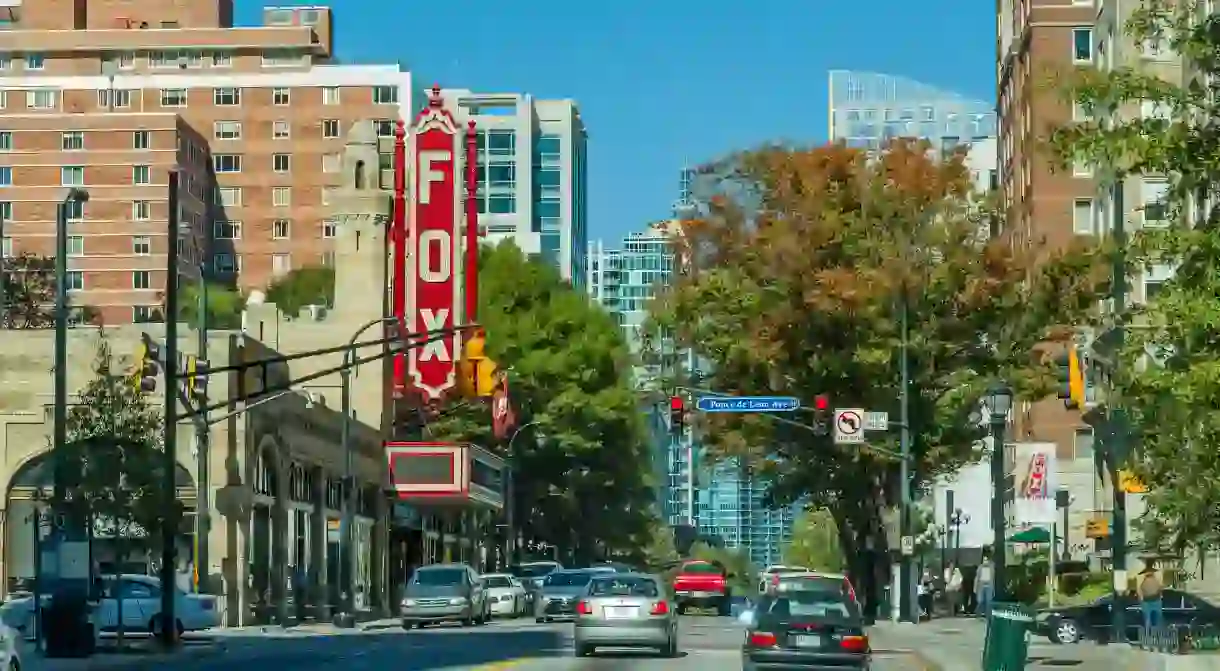 Fox Theatre is located on the corner of Ponce de Leon Avenue and Peachtree Street in Atlanta