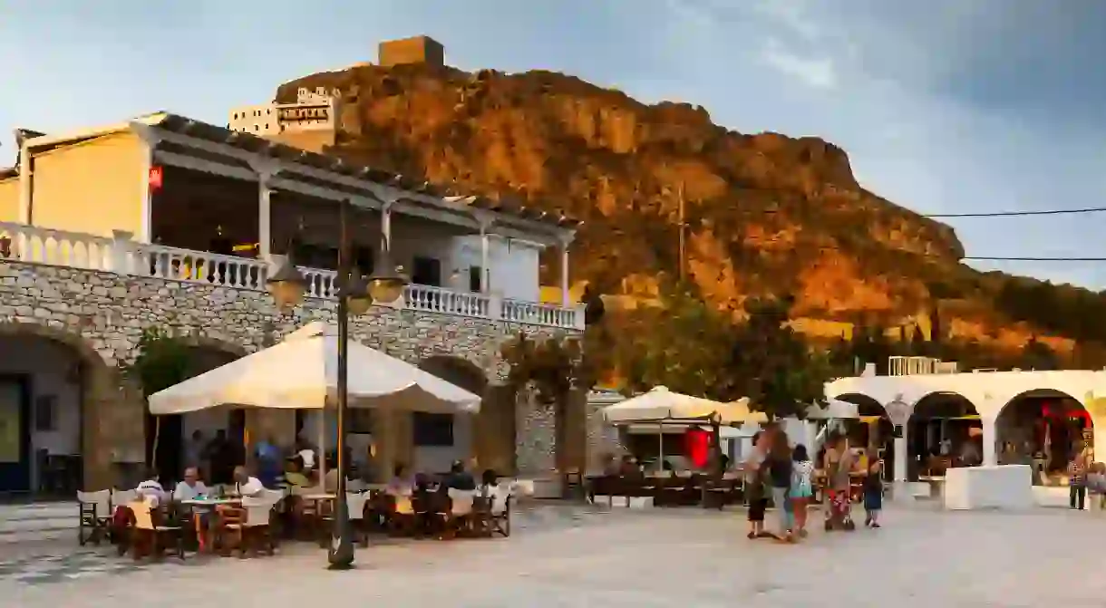 The main square sits at the centre of life in Chora, the capital of Skyros