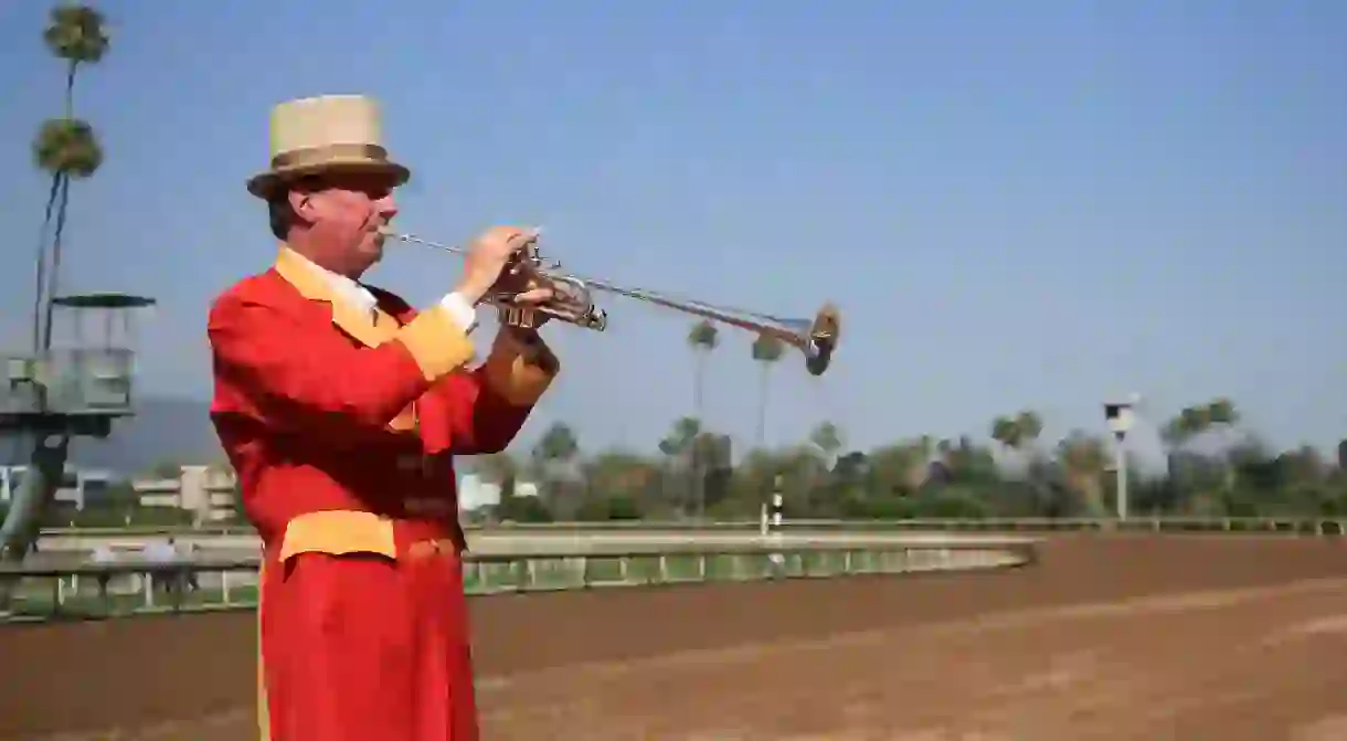 Santa Anita Park combines Art Deco style with the scenic backdrop of the San Gabriel Mountains