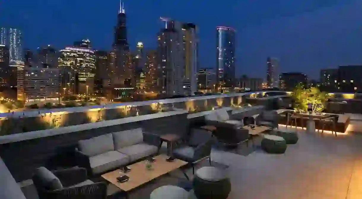 Enjoy delicious food and skyline views at the rooftop restaurant at the Nobu Hotel in Chicago