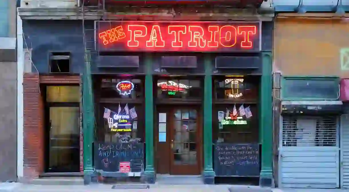 Patriot Saloon, 110 Chambers Street, New York, NY. exterior storefront of a bar in the financial district of Manhattan.