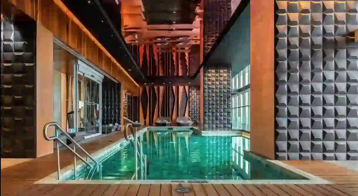 The beautifully designed indoor pool at the Sofitel offers incredible views of Mexico City