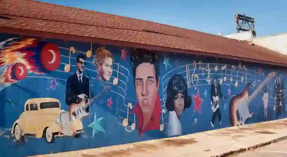 A mural in Clovis, New Mexico, depicts rocknroll stars from the 1950s