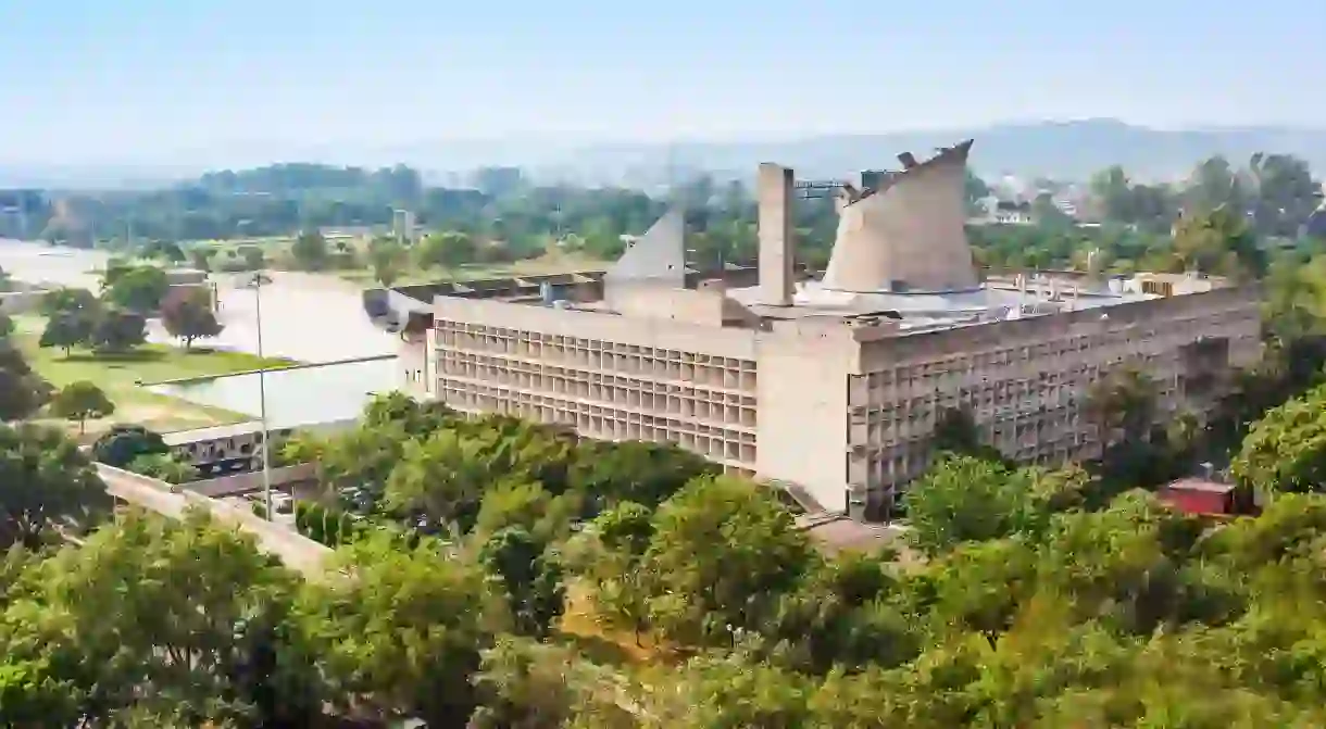 The Palace of Assembly in Chandigarh is surrounded by greenery