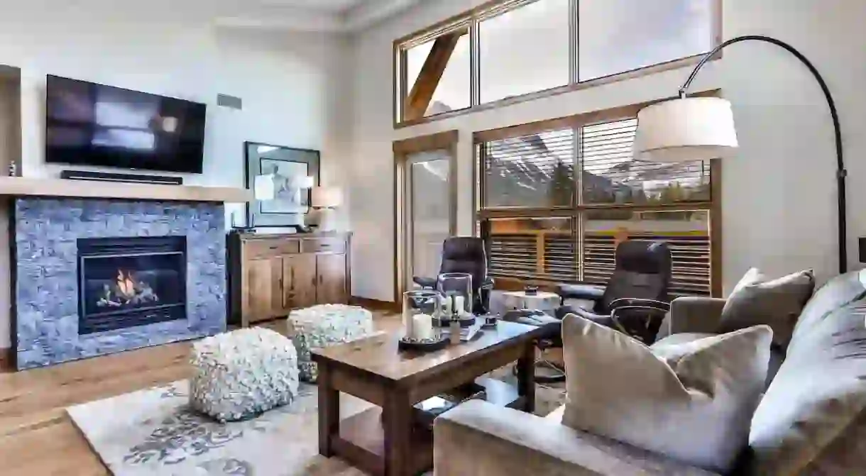 Admire the Rockies from your fireside at White Spruce Lodge