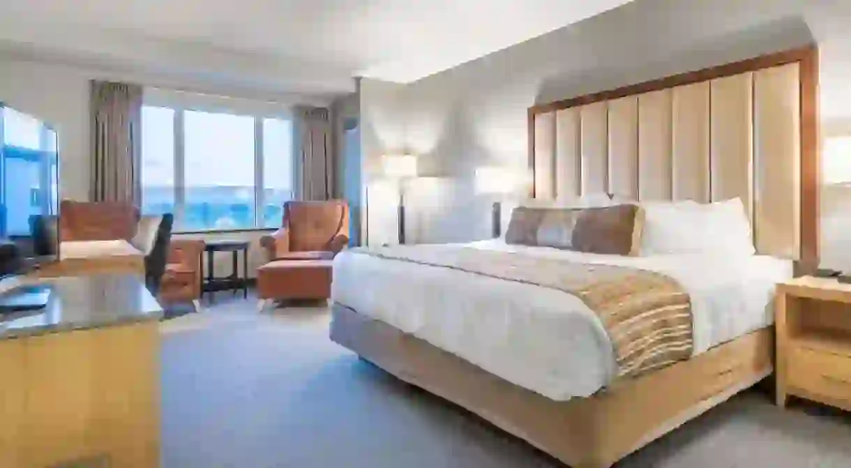 Warm decor and stunning views characterize rooms at the Westmark Fairbanks Hotel