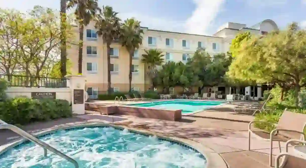 Go for a swim or soak in the bubbling hot tub at the Hilton Garden Inn Fairfield