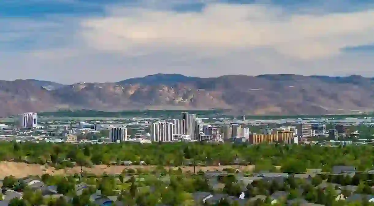 The skyline or Reno is set against a beautiful mountaineous backdrop