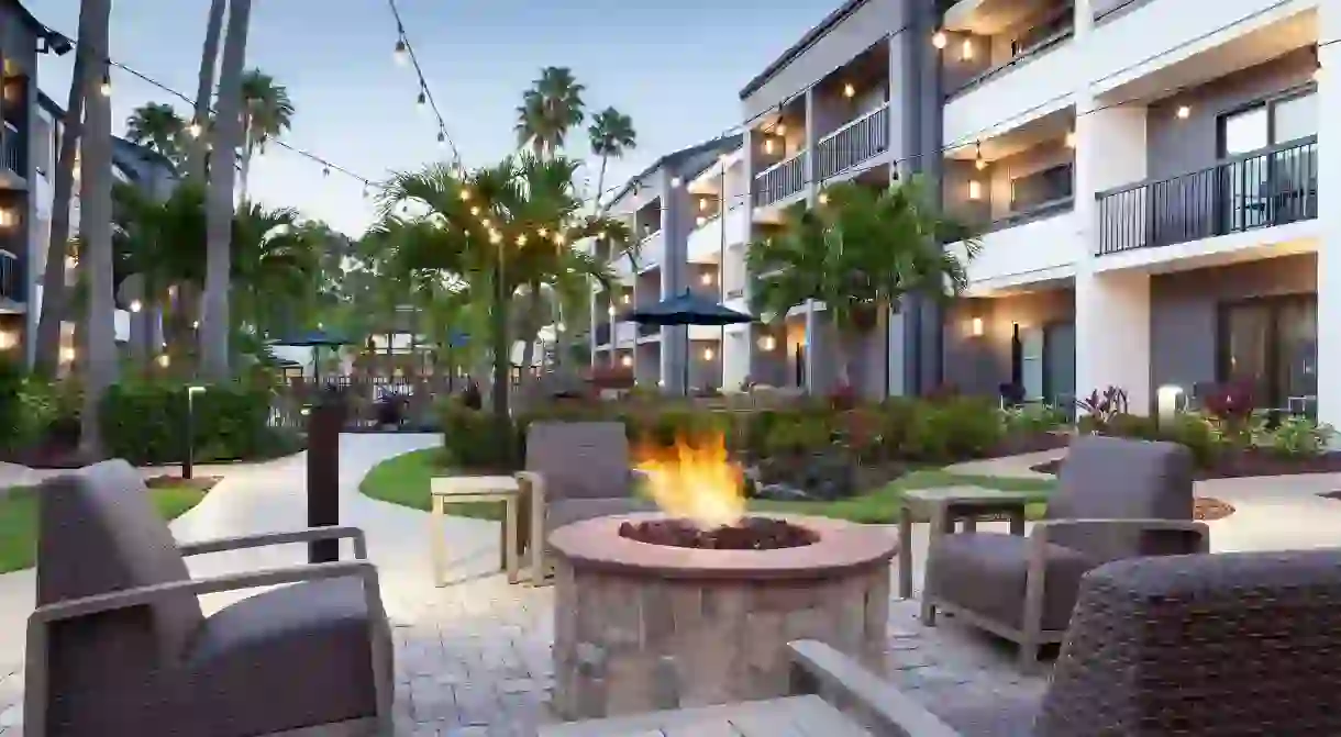 Mingle with other guests by the outdoor firepit at the Courtyard by Marriott St Petersburg Clearwater