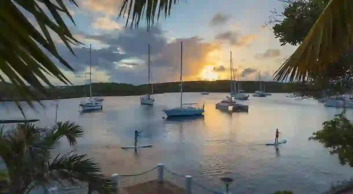 The harbour at Stocking Island is a popular stopover in the Exumas