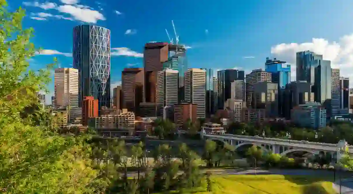 The skyline of downtown Calgary, Canada, looks particularly impressive against a blue sky