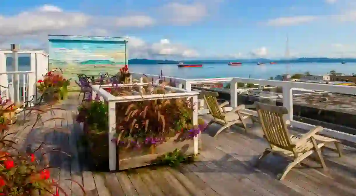 The rooftop deck at Hotel Elliott offers views of the Columbia River